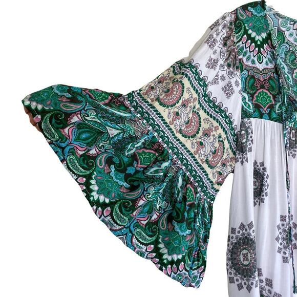 Umgee Sz M Boho Shift Mini Dress Bell Sleeves Tassel Tie Green Paisley Print - Picture 2 of 16